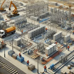 DALL·E 2025-02-26 11.26.41 - A realistic and professional image of an outdoor electro-mechanical infrastructure site. The scene includes workers installing underground medium and