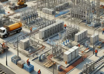 DALL·E 2025-02-26 11.26.41 - A realistic and professional image of an outdoor electro-mechanical infrastructure site. The scene includes workers installing underground medium and