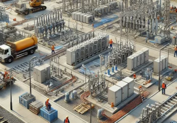 DALL·E 2025-02-26 11.26.41 - A realistic and professional image of an outdoor electro-mechanical infrastructure site. The scene includes workers installing underground medium and
