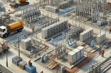 DALL·E 2025-02-26 11.26.41 - A realistic and professional image of an outdoor electro-mechanical infrastructure site. The scene includes workers installing underground medium and