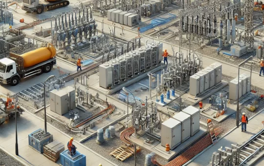 DALL·E 2025-02-26 11.26.41 - A realistic and professional image of an outdoor electro-mechanical infrastructure site. The scene includes workers installing underground medium and