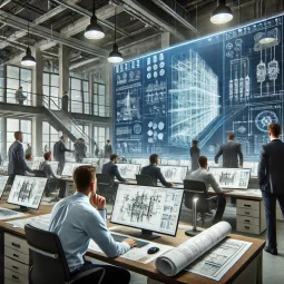 DALL·E 2025-02-26 11.33.03 - A professional and realistic image of engineers working in a technical office using BIM (Building Information Modeling) technology. The scene includes